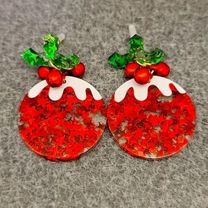 Christmas Ball Red Glitter Dangle Earrings
